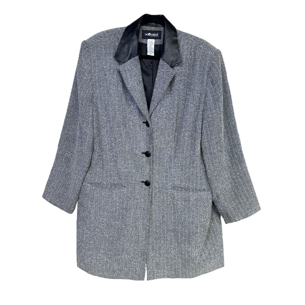 Vintage Sag Harbor 16W Long Blazer Jacket Faux Leather Collar Herringbone Dressy